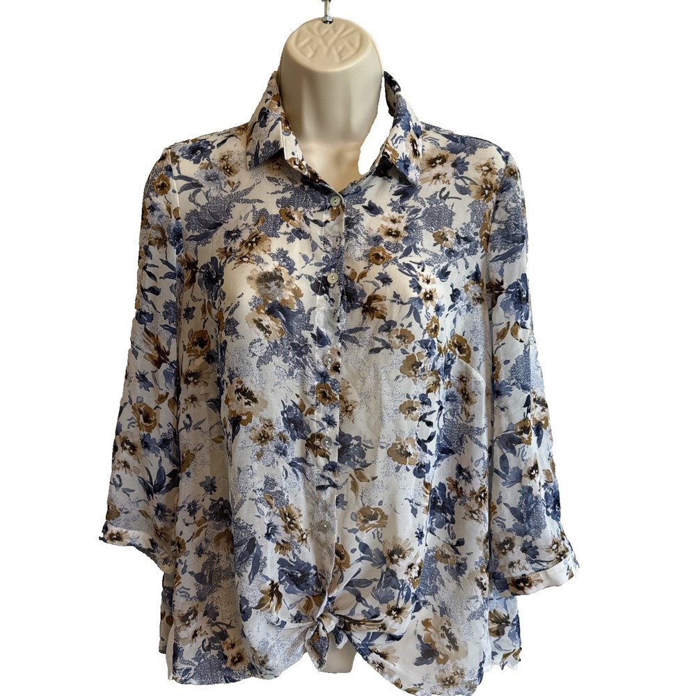Erre De Raso Sheer Button Floral Blue Top Size 38/40 Feminine Dainty Tie Front
